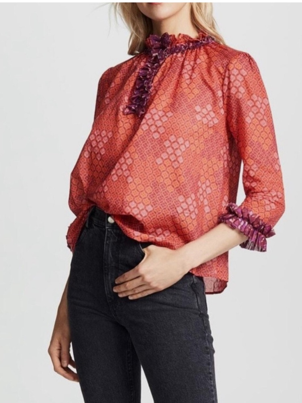 NWOT Warm Ines Red Printed Ruffle-Trim V-Neck Blouse Size Small